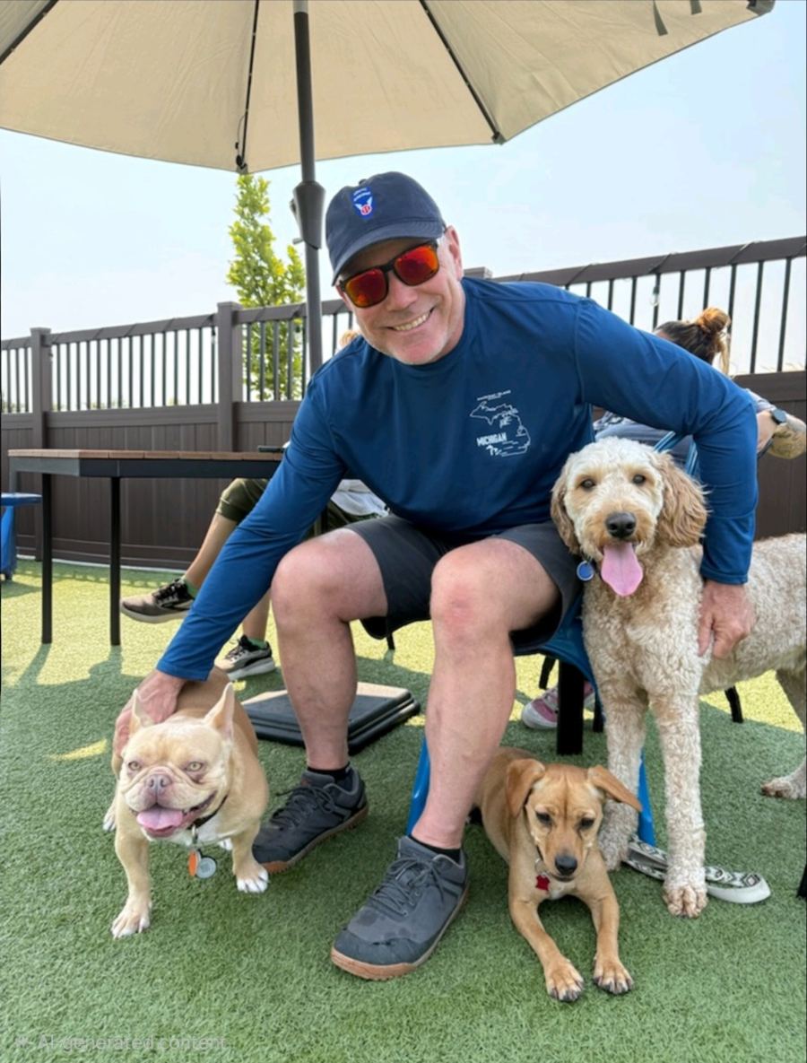 A client relaxing with three calm dogs